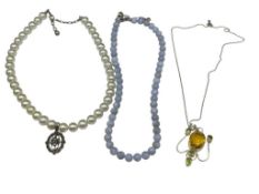 THREE FASHION NECKLACES INCLUDING FAUX PEARL AND MARCASITE PENDANT NECKLACE