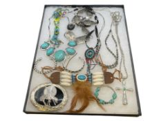 SOUTHWEST JEWELRY INCLUDING TURQUOISE COLORED STONES, BEADED NECKLACE, CUFF BRACELETS, AND MORE