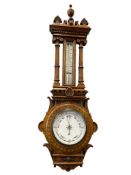 ANTIQUE VICTORIAN PERIOD CARVED OAK ANEROID BAROMETER WITH MERCURY THERMOMETER
