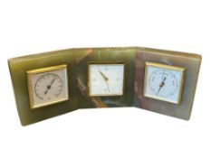 1970'S QUARTZ WEATHER STTION CRAFTED FROM PLOISHED GREEN STONE, HUMIDITY GAUGE, BAROMETER, AND CL...
