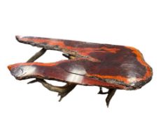 EYE CATCHING LARGE REDWOOD SLAB LIVE EDGE COCKTAIL TABLE WITH FREE FORM TREE TRUNK BASE