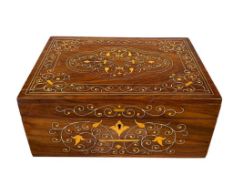 EARLY 20TH CENTURY ROSEWOOD FITTED JEWELRY BOX WITH INTRICATE MARQUETRY BONE AND CELLULOID INLAY