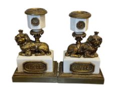PAIR OF 20TH CENTURY DOG FIGURAL CANDLESTICK HOLDERS, BRASS AND PORCELAIN