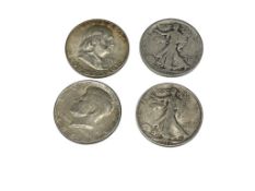 FOUR U.S. 90% SILVER HALF DOLLARS INCLUDING 1917-S, 1937, 1948-D, AND 1964