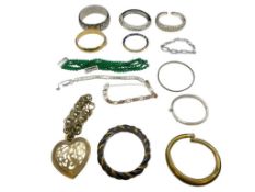 COSTUME JEWELRY BROOCHES FEATURING BRASS DESIGNS, RHINESTONES, GOLD FILLED BANGLE WITH SAFETY CHAIN