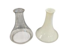 TWO VINTAGE OIL LAMP CONE SHAPED GLASS LAMP SHADES, CLEAR AND MILK GLASS WITH SCALLOPED EDGE