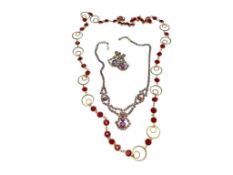 RED CHANNEL SET NECKLACE AND AURORA BOREALIS RHINESTONE NECKLACE AND SCREW-BACK EARRINGS