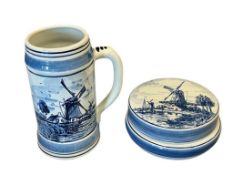HOLLAND DELFT BLUE HAND PAINTED DUTCH POTTERY STEIN AND COVERED JAR