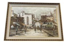 MID-CENTURY R. BIRCHARD ORIGINAL OIL ON CANVAS IMPRESSIONIST PAINTING OF SPANISH STREET SCENE