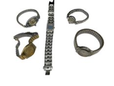 FIVE LADIES WRISTWATCHES INCLUDING TWO VINTAGE GOLD-FILLED WATCHES FEATURING ONE WITH BLUE SAPPHI...