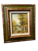 MID-CENTURY LISTED NEW ZEALAND ARTIST S. MANLA ORIGINAL OIL ON CANVAS LANDSCAPE PAINTING OF STREAM