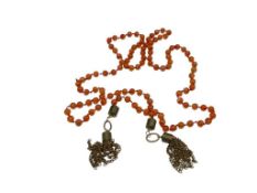 VINTAGE CARNELIAN BEAD NECKLACE WITH BRASS TASSLES