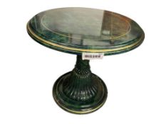 ART DECO STYLED HOLLYWOOD REGENCYN ROUND PEDESTAL SIDE TABLE, FAUX GREEN MARBLE WOOD TABLE
