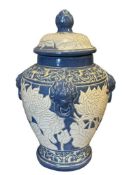VINTAGE DUTCH MAJOLICA POTTERY LOTUS FLOWER GINGER JAR WITH LION HANDLES