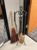 WROUGHT IRON SIX PIECE FIRE PLACE TOOL / IMPLEMENT SET PLUS EXTRA COAL SHOVEL AND BROOM