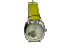 DESIGNER JEANNERET AUTOMATIC LADIES WRISTWATCH WITH LIME GREEN ACCENTS AND LEATHER BAND