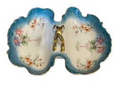 ANTIQUE PORCELAIN SCALLOPED EDGE HANDLED SERVING DISH LIKELY RS PRUSSIA OR RS GERMANY