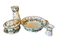 1906 ROYAL DOULTON IVY AND ROSE WASH BASIN, PITCHER, CHAMPER POT, CUP, BOWL, AND SMALL PITCHER