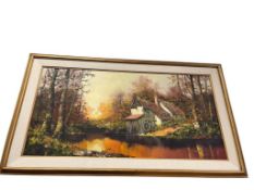 MID-CENTURY ORIGINAL OIL ON CANVAS LANDSCAPE PAINTING OF WATER MILL AMONGST THE TREES IN FALL