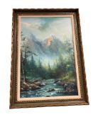 VINTAGE VAN SAL ORIGINAL OIL ON CANVAS LANDSCAPE PAINTING FEATURING RIVER AND SNOW-CAPPED MOUNTAIN