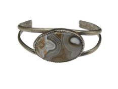 VINTAGE STERLING SILVER BOTSWANA LACE AGATE CUFF BRACELET