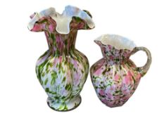 FENTON HAND BLOWN ART GLASS MURRHINA ROSE PINK ADVETURINE GREEN GLASS VASE AND SMALL PITCHER