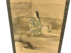 LATE 19TH CENTURY JAPANESE EDO PERIOD KAKEJIKU OR KAKEMONO HANGING SCROLL UKIIYO-E STYLE