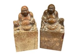 TWO 20TH CENTURY CHINESE SHOUSHAN CARVED SOAPSTONE BUDDHIST FIGURAL CHOP SEALS