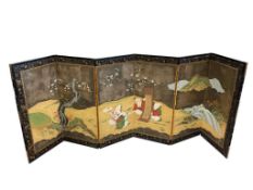 BYOBU TRADITIONAL JAPANESE EDO PERIOD SIX PANEL FOLDING SCREEN WITH INK AND COLOR ART