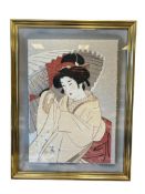 LARGE JAPANESE WOODBLOCK GEISHA PRINT ON SILK AND STRAW PAPER UKIO-E STYLE ART