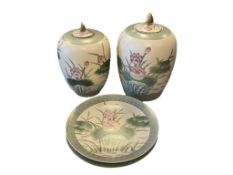 CHINESE GINGER JARS AND PLATTERS FEATURING HAND PAINTED PINK LOTUS FLOWERS
