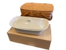 LONGABERGER POTTERY IVORY HANDLED CASSROLE DISH AND LARGE PICNIC BASKET