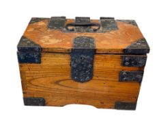 MID EDO PERIOD JAPANESE KEAKI WOOD SMALL STATIONARY CHEST WITH DRAWER WITH IRON ORNAMENTATION