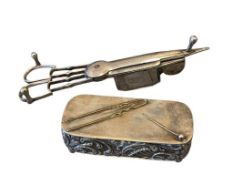 20TH CENTURY SILVERPLATE GEORGE THE III CANDLE SNUFFER AND MERIDEN & COMPANY PIN BOX