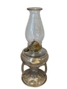 1860'S SUN PURPLED GLASS DOUBLE HANDLED SEWING OIL LAMP, POSSIBLY RIPLEY & CO