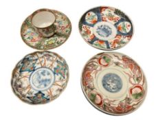 CHINESE AND JAPANESE PORCELAIN DISHES, IMARI PLATE, ROSE FAMILLE CUP AND SAUCER, ETC