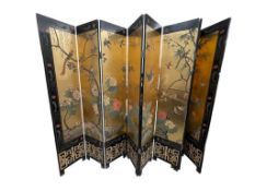 LARGE EIGHT PANEL ASIAN ROOM DIVIDER HEAVY GILT DECORATED WITH BOTANICAL AND FLORAL IMAGERY