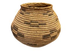 EARLY 20TH CENTURY PIMA OLLA HAND WOVEN COILED BASKET WITH GEOMETRIC DESIGN