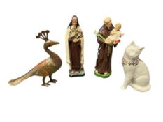 RELIGIOUS ICON AND ANIMAL FIGURES ST ANTHONY OF PADUA, SAINT THERESE OF LISIEUX, LENOX CAT, PEACOCK