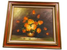 VINTAGE E. CLARK ORIGINAL OIL ON CANVAS STILL LIFE PAINTING FEATURING A BOUQUET OF ORANGE ROSES