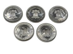 FIVE LIBERTY SILVER .999 FINE SILVER ONE TROY OUNCES ROUNDS