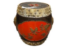 20TH CENTURY CHINESE BENT WOOD HIGHLY DECORATED RICE BARREL, STORAGE DRUM CONTAINER