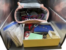 ASSORTED COSTUME JEWELRY FEATURING EARRINGS, STONE BEAD NECKLACES, GOLD TONE STYLES, AND MORE