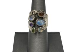 VINTAGE STERLING SILVER MULTI-GEMSTONE FASHION RING INCLUDING OPAL AND PERIDOT