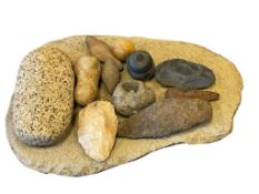 NATIVE AMERICAN ARTIFACTS / TOOLS, PRIMITIVE TOOLS ARROWHEADS, HAMMER HEAD, METATE AND MANO, ETC