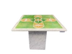 WHITE MARBLE TWO PIECE SQUARE ACCENT TABLE WITH GREEN AND YELLOW FLORAL DESIGN TOP