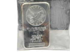 SUNSHINE MINTING .999 FINE SILVER FIVE TROY OUNCE BAR IN APMEX SEALED PACKAGING