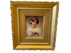 ALBERT SOLBIAC ART NOUVEAU CRYSTOLEUM PORTRAIT OF A YOUNG WOMAN HOLDING FLOWERS