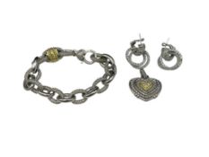 JUDITH RIPKA DESIGNER SIGNED STERLING AND 18K GOLD HEART MOTIF BRACELET, PENDANT, AND EARRINGS