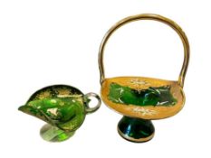 BOHEMIAN GREEN ETCHED GILT DESIGN BON-BON PEDESTAL DISH AND VENETIAN GILT GREEN GLASS BASKET
